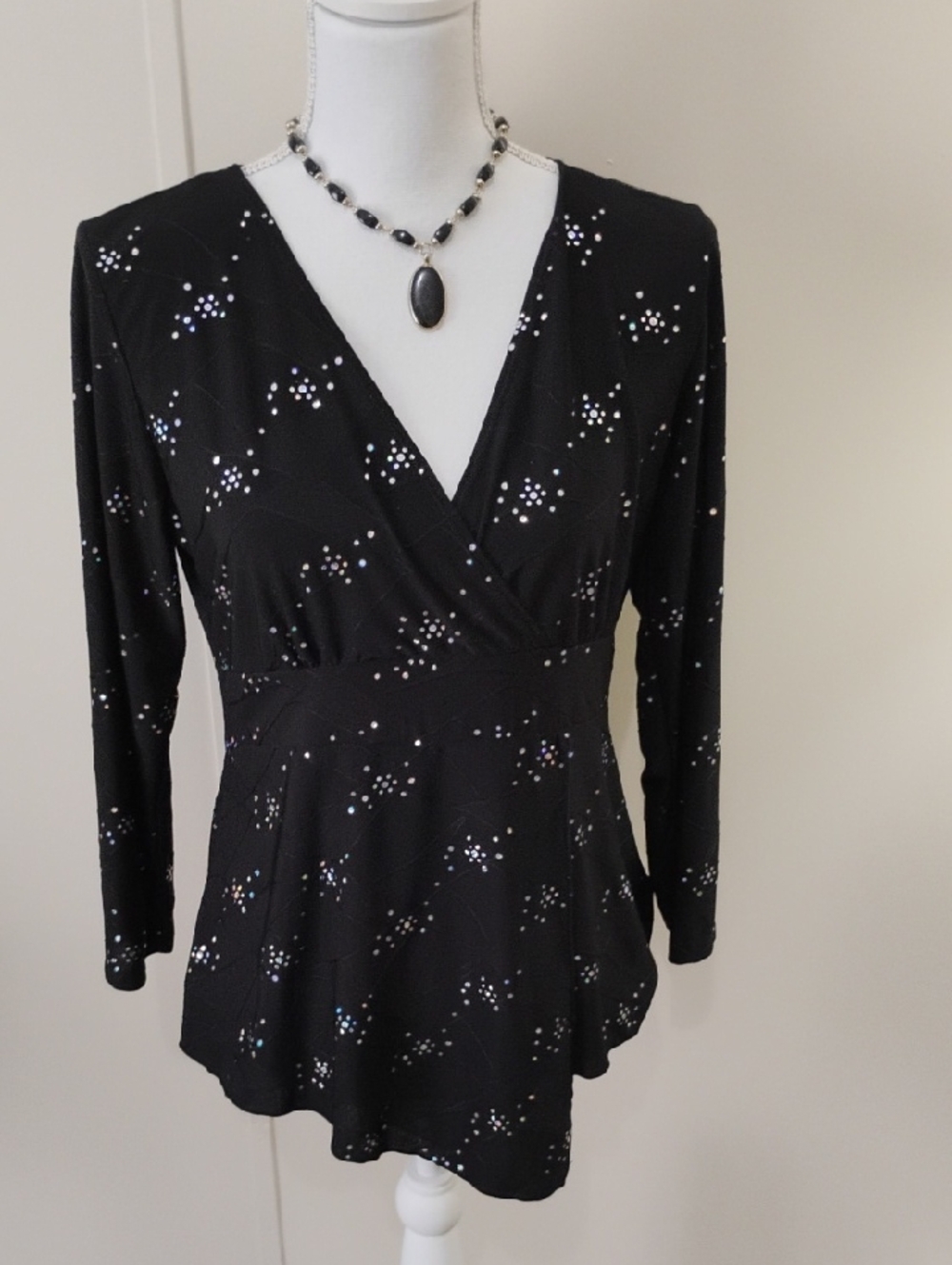 Susan Lawrence Black Long-Sleeve Wrap Top with White Dot Accent